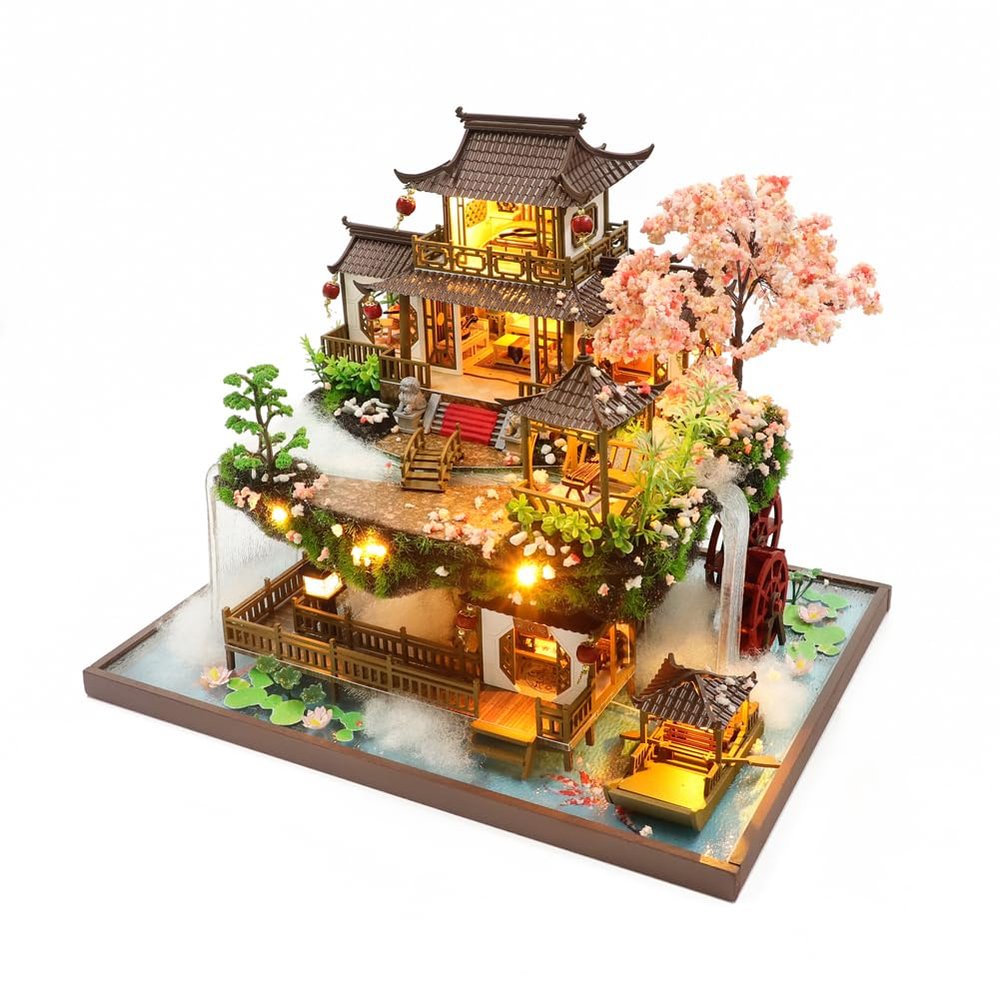 Yuzhen DIY Miniature Dollhouse with Furniture and LED Lights, Large Ancient Style Wooden Dollhouse Includes Dustcover and Music Movement