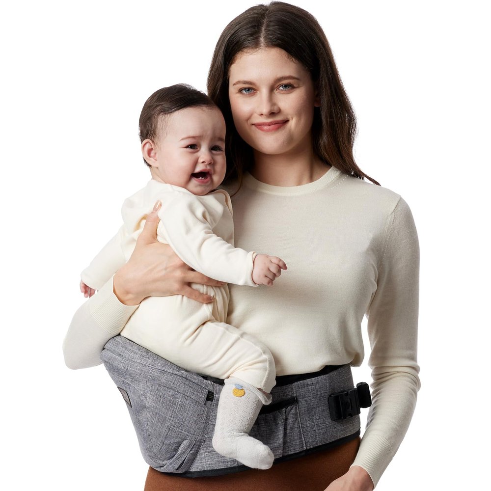 Momcozy Hip Seat Baby Carrier - Adjustable Waistband with Original 3D Belly Protector & EVA Massage Board, Ergonomic Carrier with Various Pockets for Newborns & Toddlers up to 45lbs (Grey, Large)