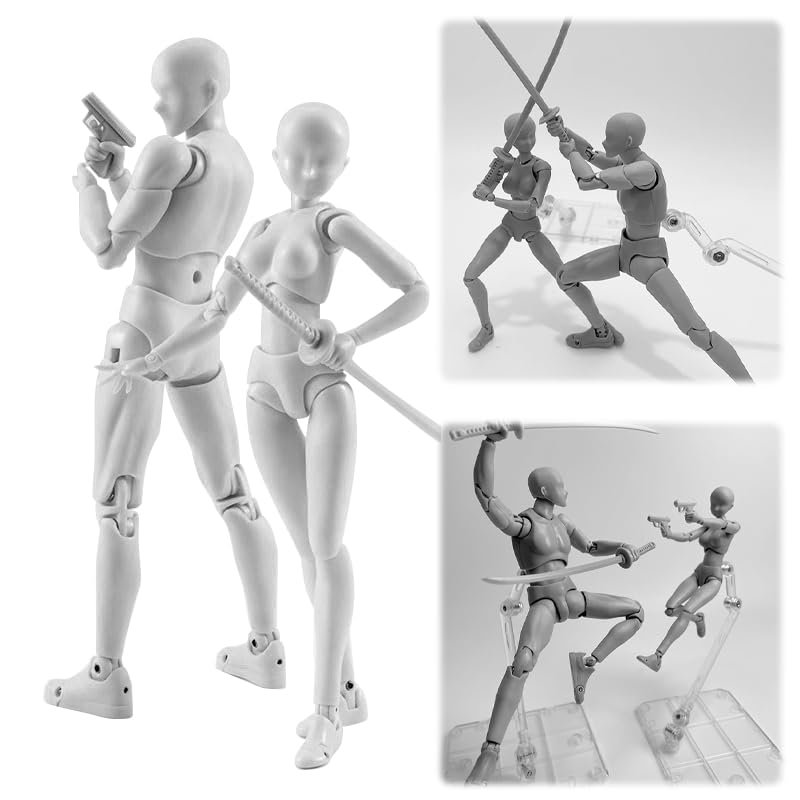 AAGWW Sketch Doll, Articulated Movable, Includes Stand, Posable, Model Doll, Muscle Body, Doll Model, Painting Tool, Doll Display (Product Contents: 1 x Gray Male Doll + 1 Gray Female Doll)