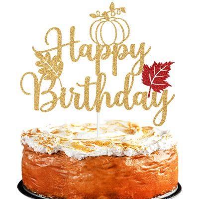 Gold Glitter Pumpkin Happy Birthday Cake Topper, Autumn Pumpkin Bridal Shower BirthD Party Cake Decor, Fall Leaves Themed Birthday Party Decorations Supplies