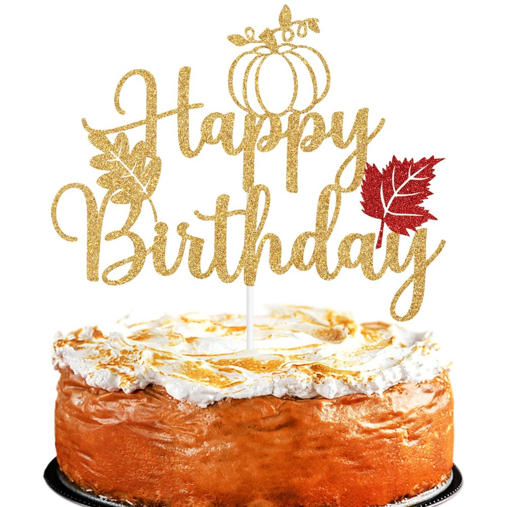 Gold Glitter Pumpkin Happy Birthday Cake Topper, Autumn Pumpkin Bridal Shower BirthD Party Cake Decor, Fall Leaves Themed Birthday Party Decorations Supplies