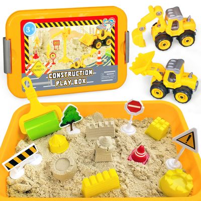 Carolart Construction Sensory Bin, Tractor Sand Playset Construction Sandbox with Toy Truck Play Sand and Signs, Sand Art Kit for Kids Ages 3 and up