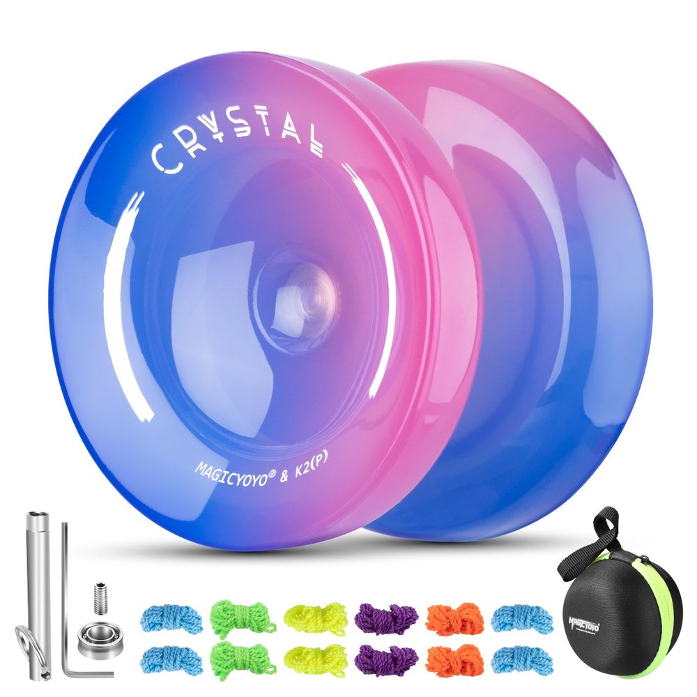 MAGICYOYO K2 Crystal Yoyo for Kids Beginners, Responsive Yoyo with Unresponsive Bearing for Replacement, Plastic Yo-yo Professional with 12 Yo yo Strings, Case Bag, Yo-Yo Accessory Set-Blue Pink