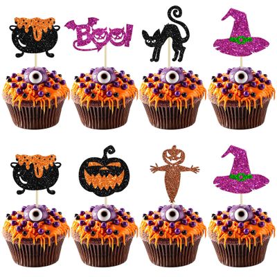 24Pcs Halloween Cupcake Toppers Glitter Witch Cat Pumpkin Spider Web Cupcake Picks Boo Ghost Cake Decorations for Happy Halloween Theme Baby Shower Birthday Party Supplies