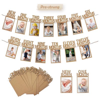 1st Birthday Photo Banner for Baby from Newborn to 12 Months, First Birthday Decorations for Boys or Girls, Pre-Strung One Year Old Photo Banner with Frame, Monthly Milestones Garland (Kraft)