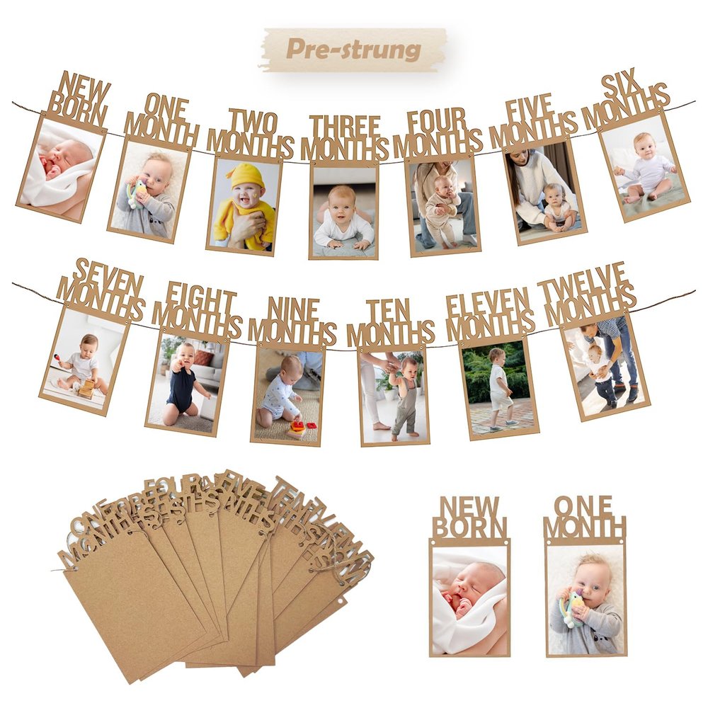 1st Birthday Photo Banner for Baby from Newborn to 12 Months, First Birthday Decorations for Boys or Girls, Pre-Strung One Year Old Photo Banner with Frame, Monthly Milestones Garland (Kraft)
