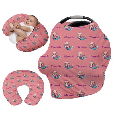 Custom Name Car Seat Canopy - Pink Mermaid Print Baby Car Seat Covers, Infant Stroller Cover, Carseat Canopy Christmas Birthday Gifts for Girls and Boys(27"x29")