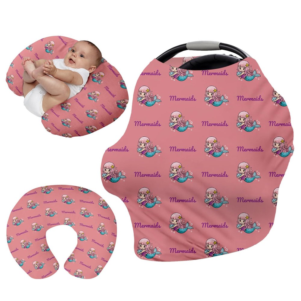Custom Name Car Seat Canopy - Pink Mermaid Print Baby Car Seat Covers, Infant Stroller Cover, Carseat Canopy Christmas Birthday Gifts for Girls and Boys(27"x29")
