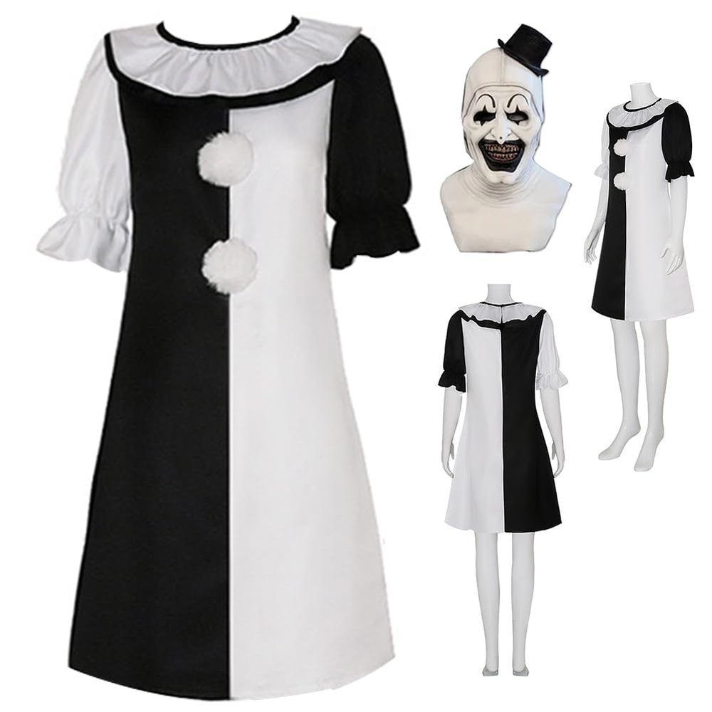JMOBEU Anime Costume Anime Dress Outfit Black White Uniform Dress Full Set Halloween With Mask(Terrifier(girls)-white/,S)