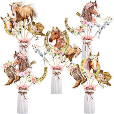 Fangleland 24Pcs Horse Centerpieces Sticks Table Decorations for Girl, Horse Themed Birthday Party Supplies, Racing Horse Western Cowgirl Pink Floral Centerpieces Table Toppers Home Decor