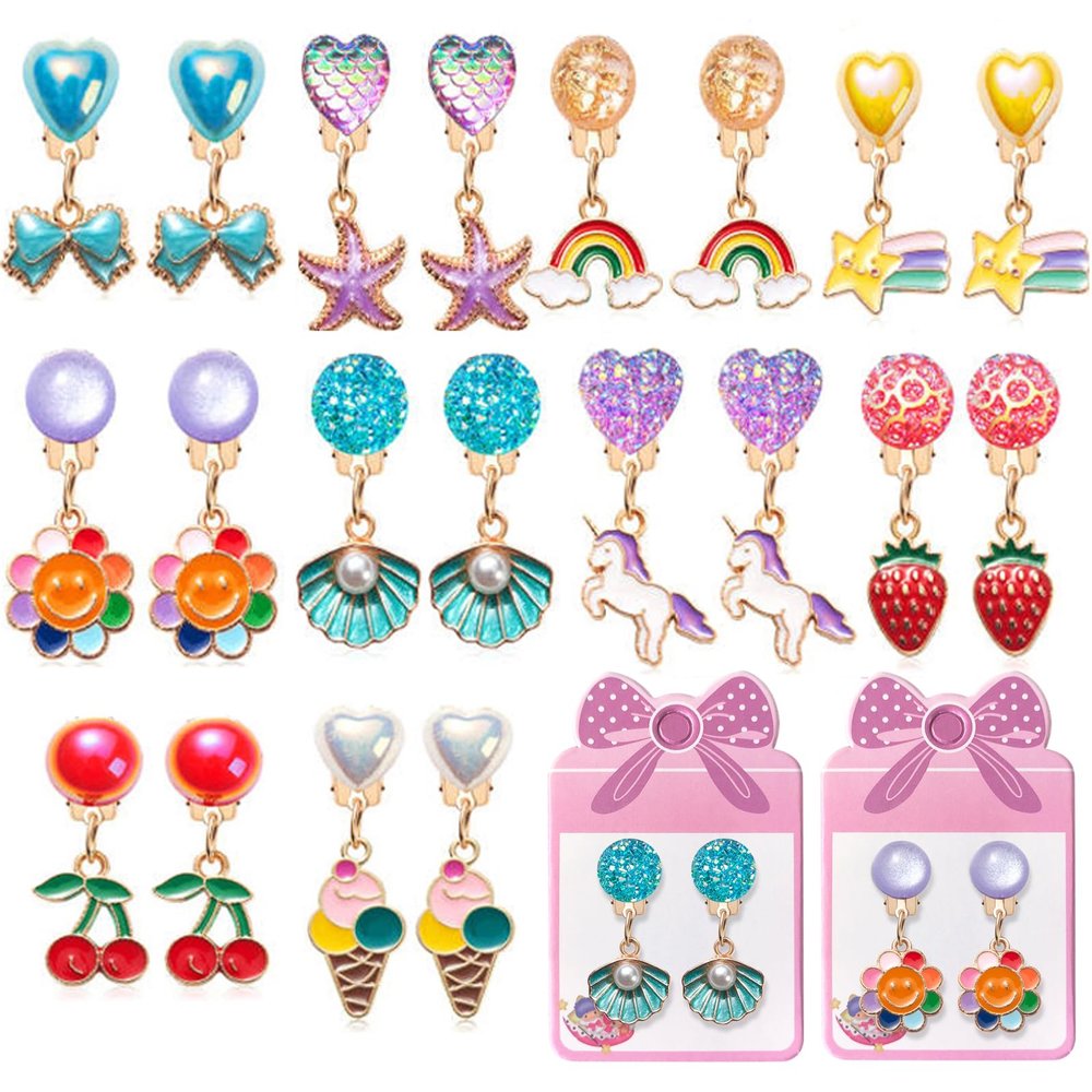 ERDOGLY Clip on Earrings for Girls, 10 Pairs Kids Clip on Earrings, Cute Toddler Earring Party Favor, Dangle Stick on Earring for Little Girls Pretend Princess Play Dress up Jewelry Gift Set