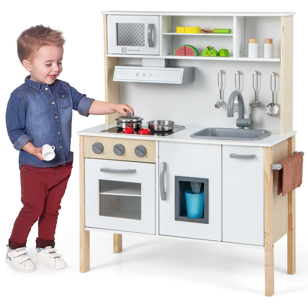 Costzon Kids Kitchen Playset, Wooden Pretend Toddler Kitchen Toy Set w/Sound, Microwave, Oven, Ice Maker, Range Hood, Stoves, Sink & 18 Accessories, Pink Play Kitchen for Girls Ages 3+