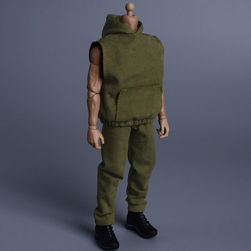 1/12 Scale Male Clothes,Men's Sleeveless Hoodie Pants Trousers Outfit Clothing for 6inch Male Action Figure Body (Army Green)