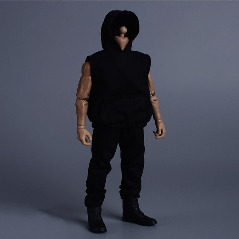 1/12 Scale Male Clothes,Men's Sleeveless Hoodie Pants Trousers Outfit Clothing for 6inch Male Action Figure Body (Black)