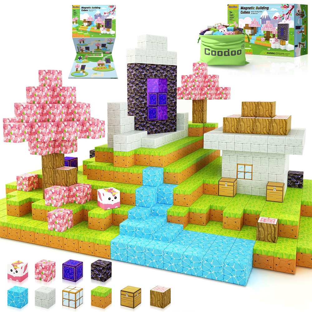 Coodoo Magnetic Blocks - Build Mine Magnet World Cherry Blossom Set, Magnetic Tiles Building STEM Toys for Boys & Girl Kids Toddler Toys for 3+ Years Old