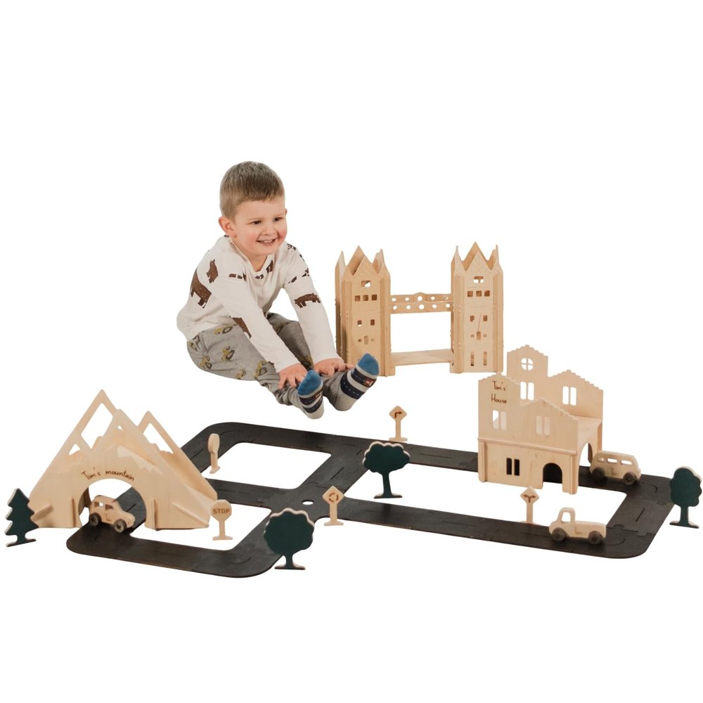 2B WOOD Personalized Wooden Car Track for Boys - Size S Toddler Race Track Toy Cars - Wooden Toy Cars Road with Additional Details - Montessori Kids Playing Sign for Street - Birthday Car Toy
