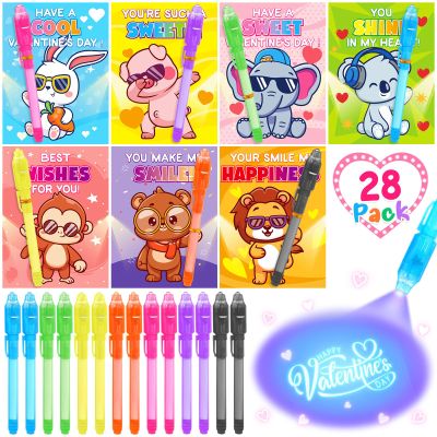 28 Pack Valentine Invisible Ink Pens with Greeting Cards, Valentines Day Gifts for Kids Classroom Exchange, Magic Pen with UV Light for Secret Message, Valentines Cards for Kids Valentine Party Favors