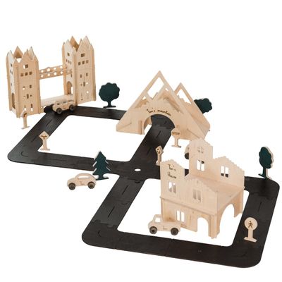 2B WOOD Personalized Wooden Car Track for Boys - Size M Toddler Race Track Toy Cars - Wooden Toy Cars Road Bridge House Train Station Mountain - Montessori Kids Playing Sign for Street