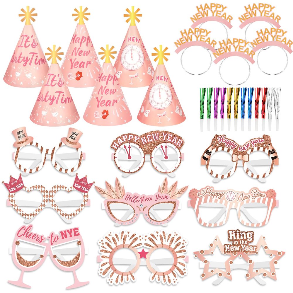 HOWAF 2026 News Year's Eve Party Supplie, Happy New Year Headband Tiara, New Years Glasses 2026, New Years Top Hats, Fringe Noisemaker Blowout for New Year Eve Party Supplies Favors, Rose Gold