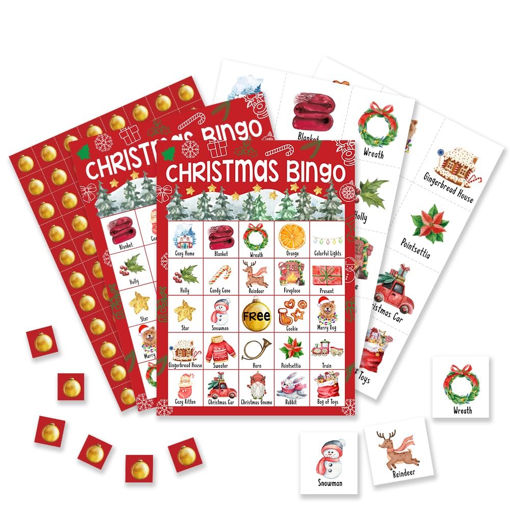Foosproea Christmas Bingo Cards, Christmas Eve Bingo Games for 24 Players, Christmas Games for Family Friends Large Group Activities, Christmas Party Favors Supplies Decorations(16)