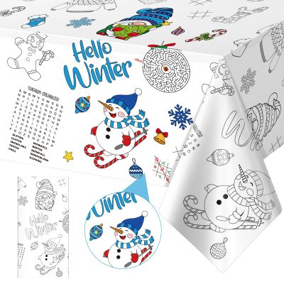 1 Pack Winter Coloring Tablecloth for Kids, Disposable Christmas Paper Tablecloth, Snowman Hello Winter Color-in Activity Table Cover for Kids Christmas Holiday Party Decorations, 54 x 108 Inch