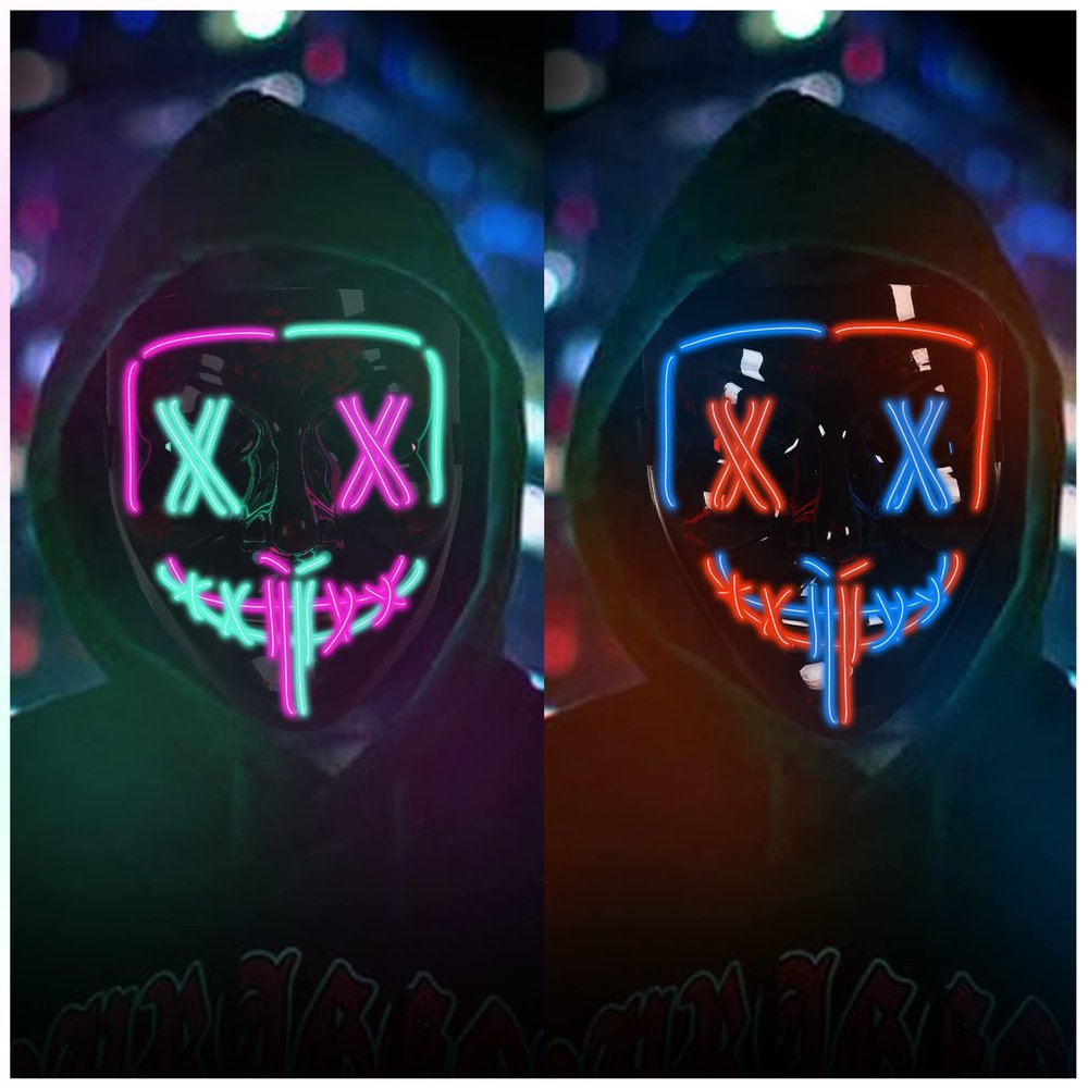 2pcsLight up Mask LED Mask-Purge Mask, X Eyes Scary Masks, Glow Neon Mask Costume Mask with 3 Lighting Modes for Halloween Festival Party