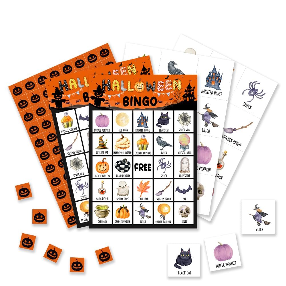 Foosproea Halloween Bingo Cards, Halloween Bingo Games for 24 Players, Halloween Games for Family Friends Large Group Activities, Halloween Party Favors Supplies Decorations(14)