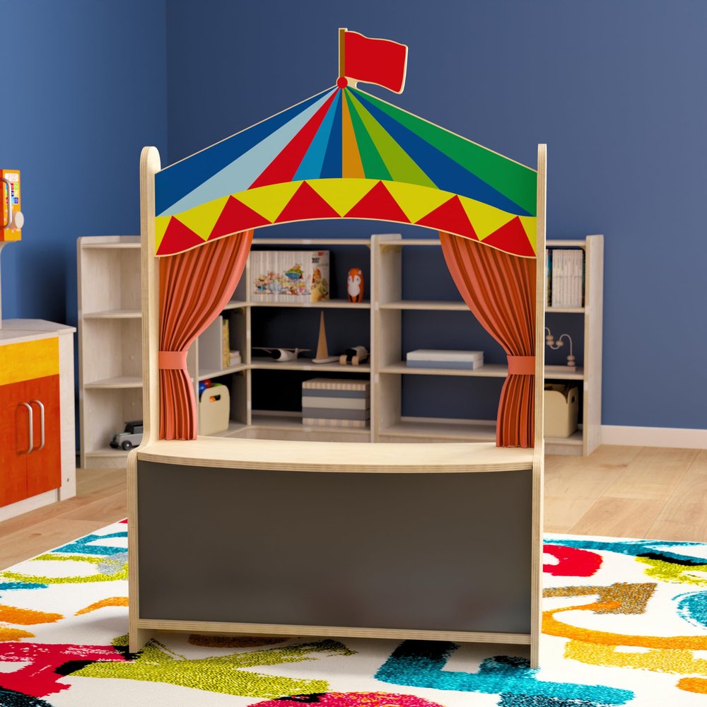 Classroom Essentials Wooden Puppet Theater with Removable Curtains and Bottom Magnetic Chalkboard, Natural
