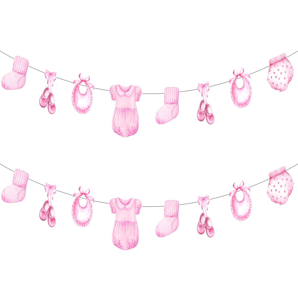 2 Packs Baby Shower Banners for Girl, Pink Clothes Clothing Garland for Baby Shower Gender Reveal Birthday Party Decoration Supplies