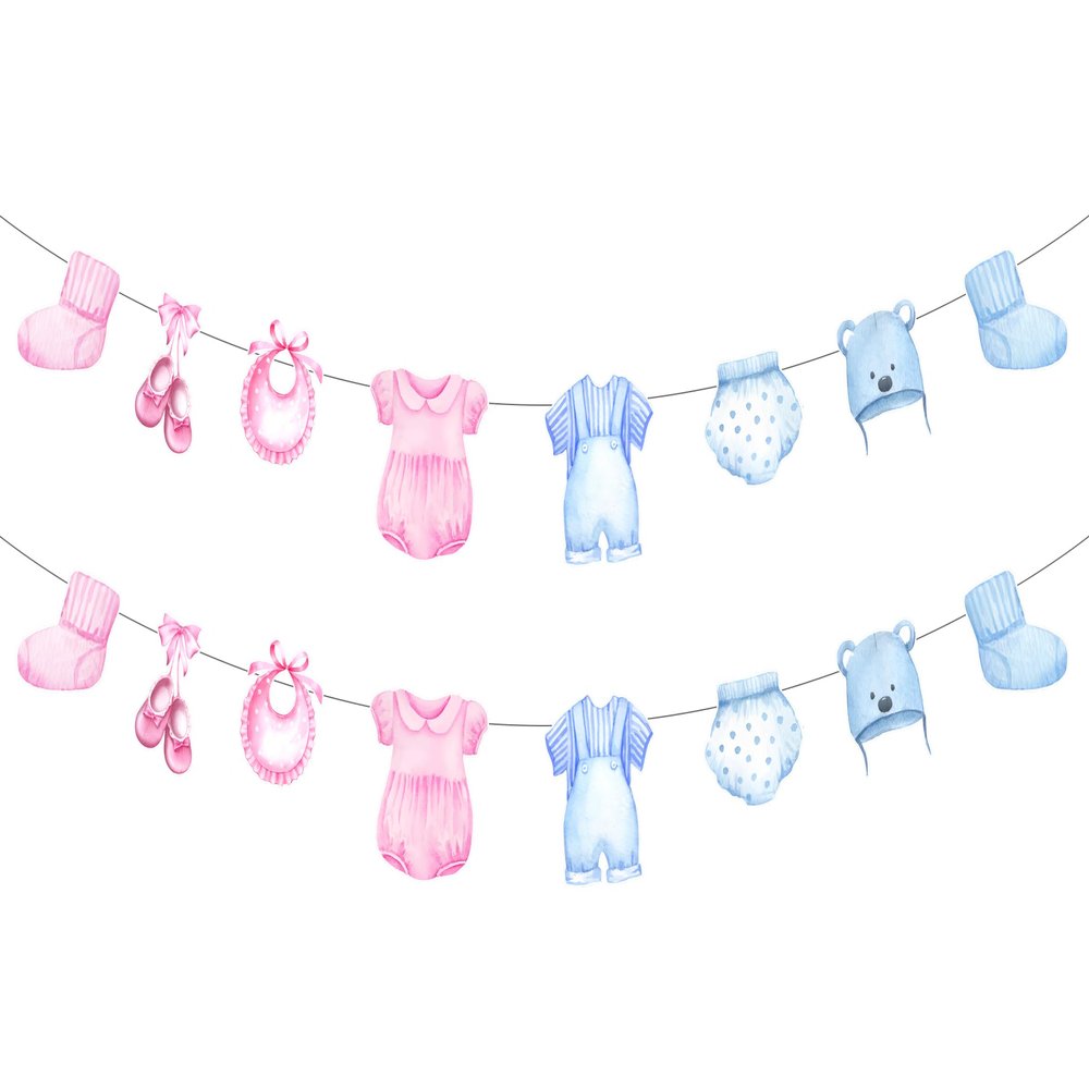 2 Packs Gender Reveal Banners, Blue Pink Clothes Clothing Garland Kit for Baby Shower Gender Reveal Birthday Party Decoration Supplies