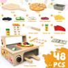 WOODMAM Wooden Pizza Toy - 48 PCS Montessori Pretend Play Food for Ages 3+, Educational Learning Toy Wooden Playset with Bake Oven, Christmas Birthday Gift for 3 4 5 6 Year Old view 2