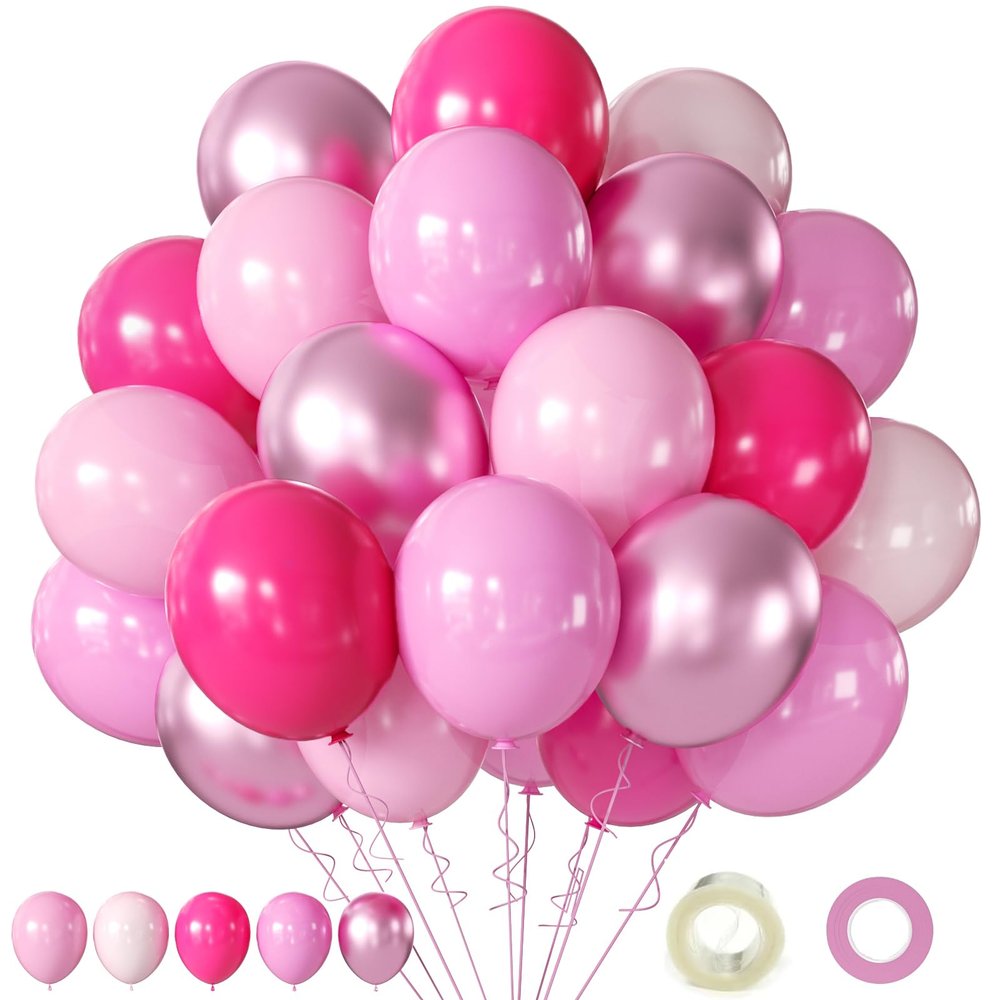 Pink Balloons Metallic Pink Balloon, 60Pcs 12Inch Chrome Deep Light Pearl Hot Pink Latex Balloons for Birthday,Wedding,Baby Shower,Princess Theme Party Decorations