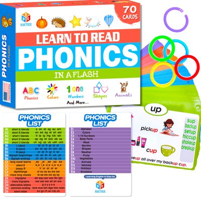 70PCS Phonics CVC Flash Cards Set 20 Phonic Stages Bonus 10 Life Skill Cards Sorting Rings Learn to Read in Blends, Long Vowels, Digraphs for PreK-3rd Grade (Alphabet, Colors, Numbers, and More)