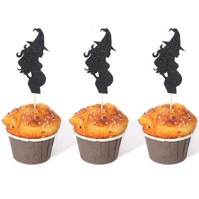 12pcs Halloween Witch Baby Shower Cupcake Toppers - Cauldron Witch Gender Reveal Party Decorations, Halloween Boy or Girl Cupcake Toppers