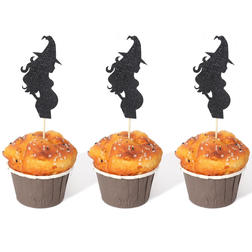 12pcs Halloween Witch Baby Shower Cupcake Toppers - Cauldron Witch Gender Reveal Party Decorations, Halloween Boy or Girl Cupcake Toppers