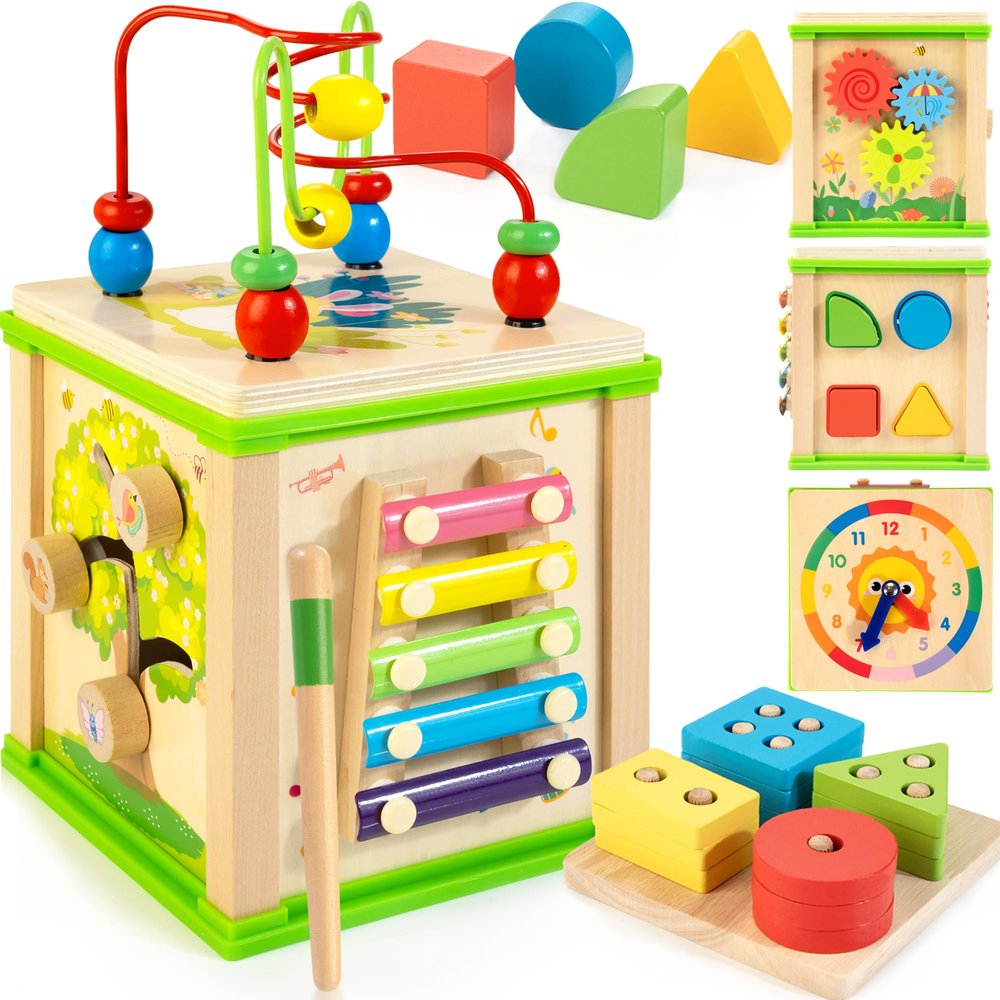 WOODMAM Wooden 7-in-1 Activity Cube| Montessori Toys for 1 2 3 Year Old Toddlers| Baby Educational Developmental Toys |One Year Old Boys Girls First Birthday Gifts |Bonus Sorting & Stacking Board