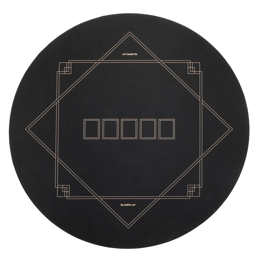 SLOWPLAY Godel 47 Inch Round Poker Mat for Texas Holdem | Poker Table Top with Extra Water Repellency, Hemmed Edges, Noise Reduction | Super Portable for Gaming Everywhere (Black and Champagne Gold)