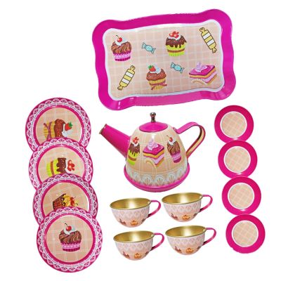 Colaxi Afternoon Tea Set Toys with Metal Teapots Cups Plates Kitchen Pretend Play Toys for Toddlers Birthday Gift Children Kids, Cake