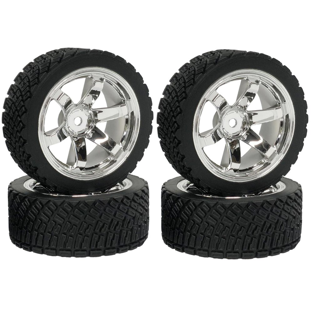 WONFAST 4PCS 65mm RC Rally Car Rubber Tires and 6-Spokes Wheel Rims 12mm Hex Compatible with 1/10 RC On-Road Rally Racing Car for HSP Tamiya Sakura HPI WR8 HSP TT02 WLtoys RC Parts (Silver)