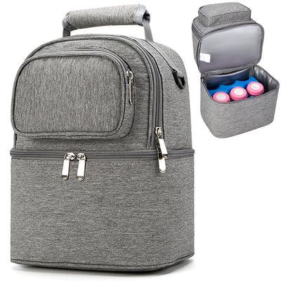 JforSJizT Breastmilk Bottles Cooler Bag with Ice Pack,Nylon Breast Pump Bag Backpack with Cooler Compartment,Double Layer Breast Pump Carrying Bag for Nursing Moms,Fits 6pcs 9 Ounces Bottles,Grey