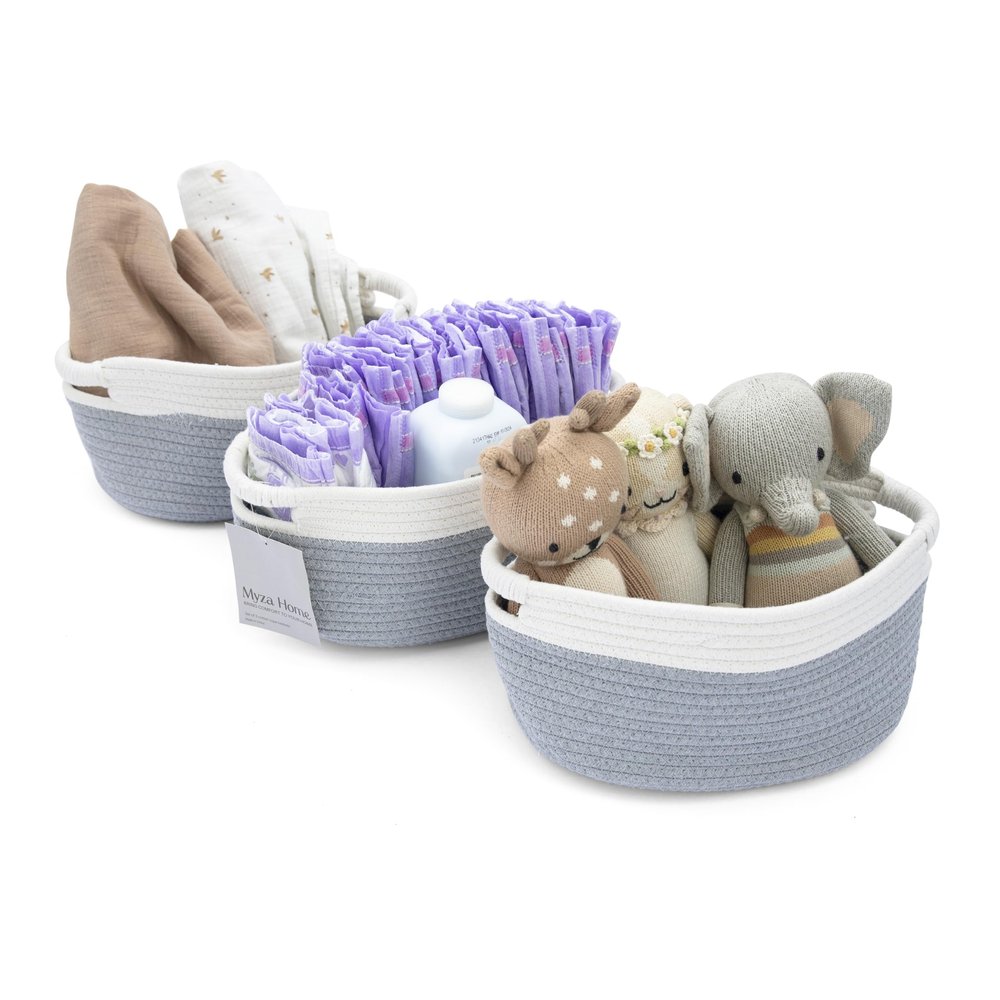Woven Storage Basket 3 Pack - Medium Woven Basket Cotton Rope Blanket Basket Closet Baskets with Handles Woven Storage Bins Wicker Storage Basket for Blankets Living Room Shelf Baskets for Storage