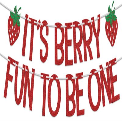 It's Berry Fun to be One Banner, Strawberry 1st Birthday Decorations, Berry Sweet Baby Shower Decoration, First Baby Girls One Year Old Birthday Party Supplies Red Green
