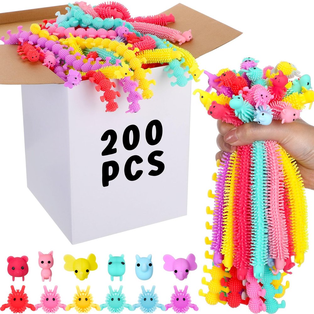 Chivao 200 Pack Bulk Stretchy String Fidget Toys Animal Sensory Toys for Kids and Adults Colorful Fidget Worm Stress Anxiety Relieve Goodie Bag Fillers Classroom Prizes Birthday Gifts (Cute Style)