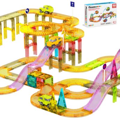 PicassoTiles 60pc Magnetic Tile Race Car Track Set STEM Construction Road Kit Building Blocks for Kids Toddlers Age 3 Plus Educational Travel Toy Sensory Preschool Learning for Boys and Girls PTMR60