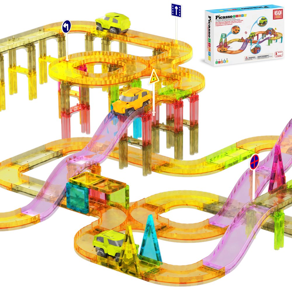 PicassoTiles 60pc Magnetic Tile Race Car Track Set STEM Construction Road Kit Building Blocks for Kids Toddlers Age 3 Plus Educational Travel Toy Sensory Preschool Learning for Boys and Girls PTMR60