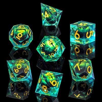 Beholder's Dragon Eye DND Dice Set,Sharp Edge Liquid Core Resin Handmade Dice with Gift Box 7 PCS for Role Playing Dungeons and Dragons Ttrpg(Green Dragon Eye)