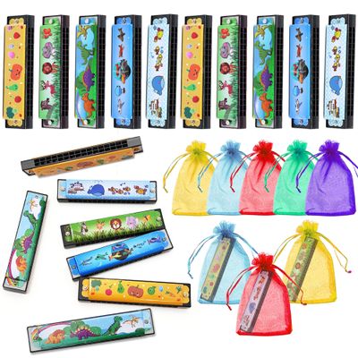 10 Sets Harmonica with Organza Gift Bags Music Party Favors 16 Holes Cartoon Harmonica Musical Instrument for Musical Party Gift Kid Musical Instrument Toys (Style 3)