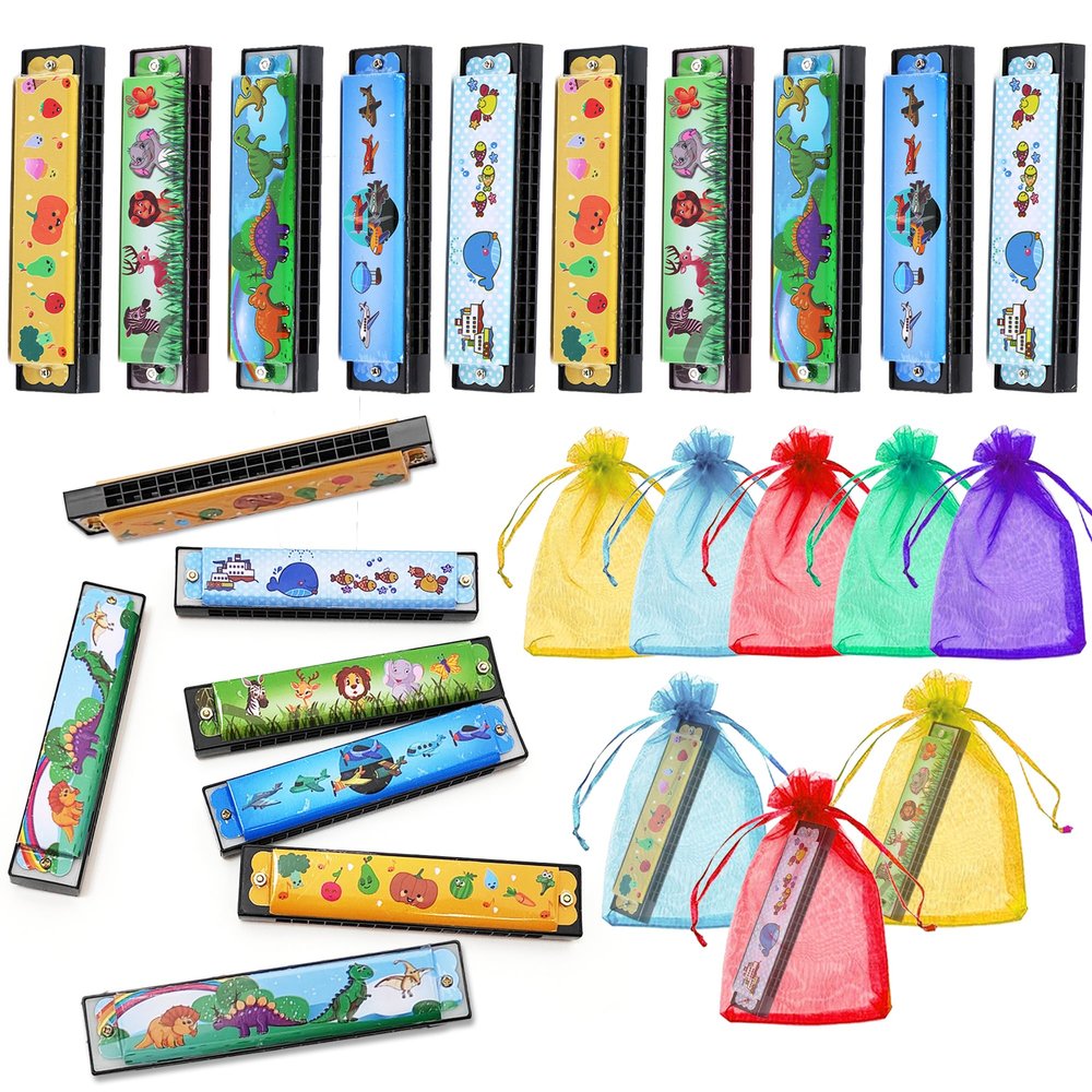 10 Sets Harmonica with Organza Gift Bags Music Party Favors 16 Holes Cartoon Harmonica Musical Instrument for Musical Party Gift Kid Musical Instrument Toys (Style 3)