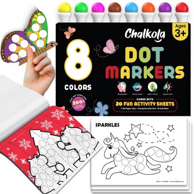 Chalkola 8 Washable Dot Markers for Toddlers 1-3 | with 20 Page Coloring Activity Book Kit, Bingo Daubers | Preschool Paint Dot Art Set - Toddler Arts and Crafts Supplies for Kids Ages 2-4 Years Old