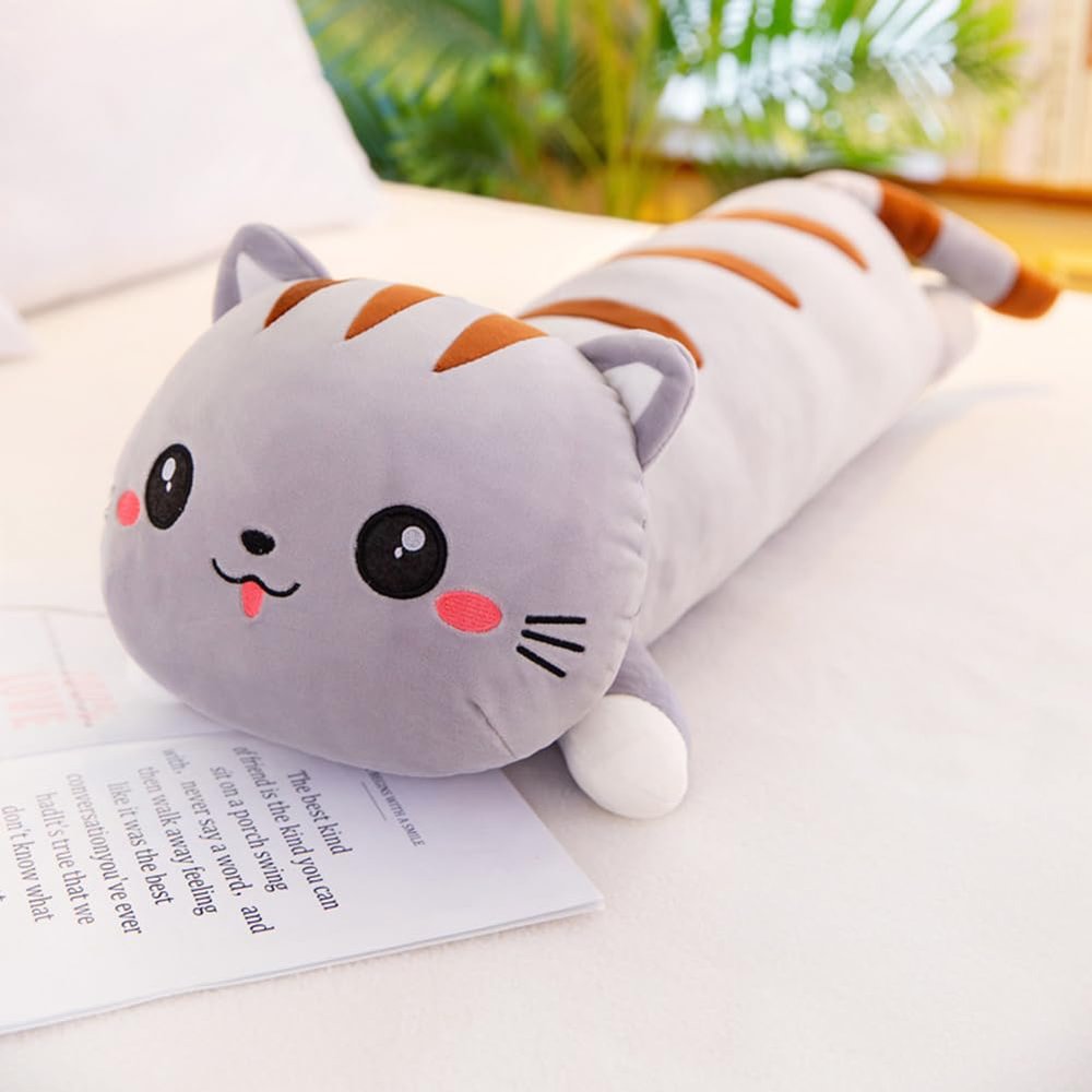 A-Parts Long Stuffed Kawaii Cat Hugging Pillow Plush Body Soft Lumbar Back Cushion Plush Kitten Toy Doll Great Gift for Kids Friend Families